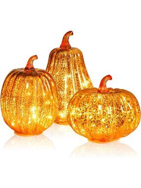 Set of 3 Mercury Glass Pumpkin Lights - Fall & Halloween Home Decor